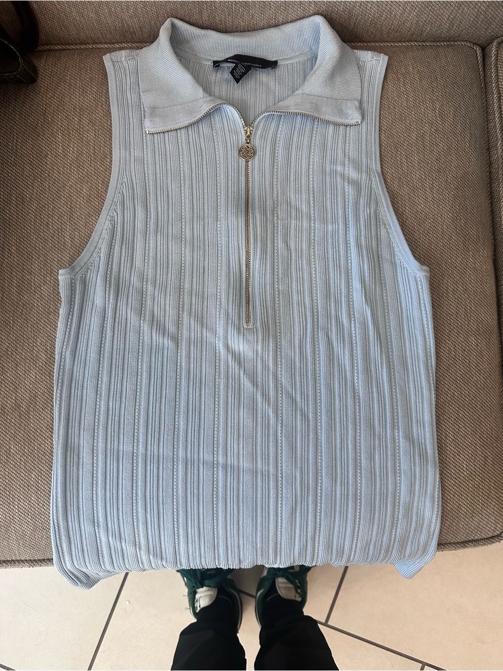 White House Black Market Light Blue Ribbed Zip-Up Sleeveless Top